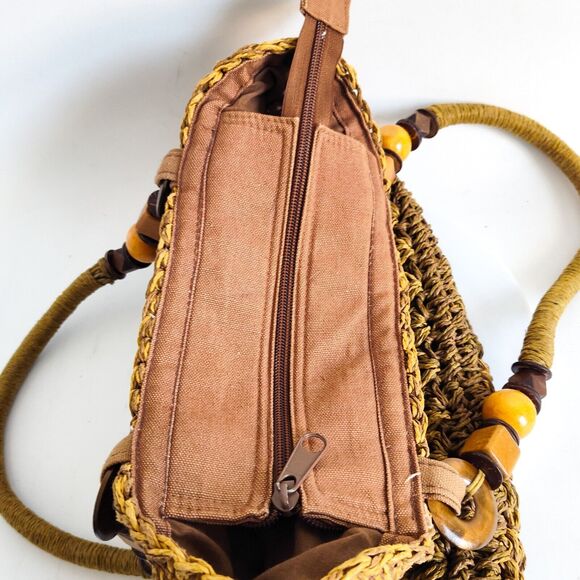 Boho Vintage Toyo Straw Woven Bag Wooden Beads Leather Handles 12"x8" Natural - Picture 8 of 11